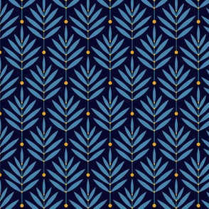 Retro Leaves // normal scale 0038 A// Art Deco and Art Nouveau Inspired Symmetrical Aesthetic Surface Pattern from the '70s and '80s leaf dot dots accent contrast  navy blue orange  