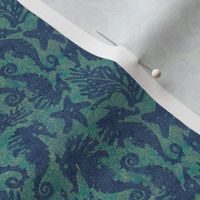 Seahorses, starfish & seaweed | navy blue on teal green wavy linen texture block print style | small