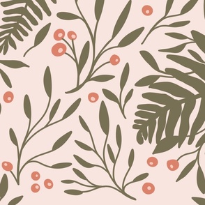 Coral Pink and moss green floral - Large Format