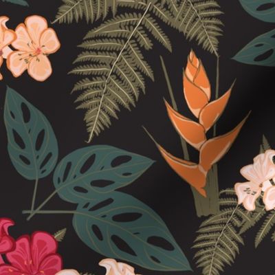 Tropical Jungle Floral with Ferns and Foliage in Bright Colors on Black