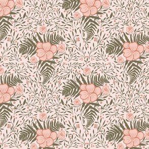 Coral Pink and moss green floral - Small Format