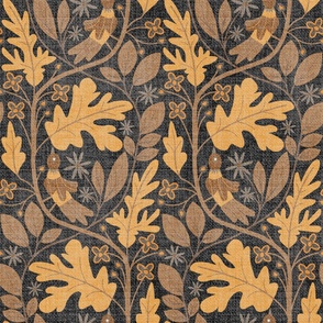 Seamless design with yellow autumn oak leaves and decorative birds on a dark gray background with linen texture