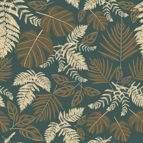 Botanical Tropical Jungle Foliage and Ferns in gold with greens on Deep Green
