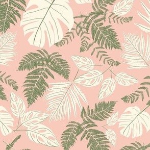 Botanical Tropical Jungle Foliage and Ferns in artichoke green and White on Pink