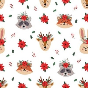 Christmas fox, raccoon, hare, deer face on a white background