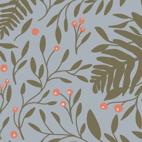 Coral Pink and moss green floral on blue - Large format