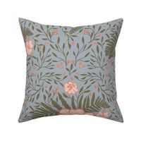 Coral Pink and moss green floral on blue - Medium format