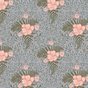 Coral Pink and moss green floral on blue - small format