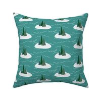 Snowy Evergreen Trees With Words Let It Snow on Teal Background 