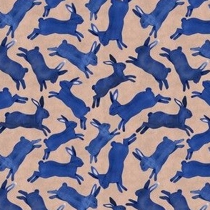 Blue Rabbits Jumping - Ditsy Scale - Brown Bckg Bunny Bunnies Easter Boy Nursery Navy Blue