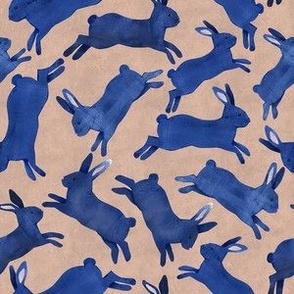 Blue Rabbits Jumping - Small Scale - Brown Bckg Bunny Bunnies Easter Boy Nursery Navy Blue