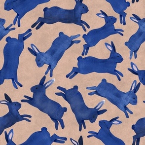 Blue Rabbits Jumping - Medium Scale - Brown Bckg Bunny Bunnies Easter Boy Nursery Navy Blue