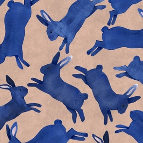 Blue Rabbits Jumping - Large Scale - Brown Bckg Bunny Bunnies Easter Boy Nursery Navy Blue