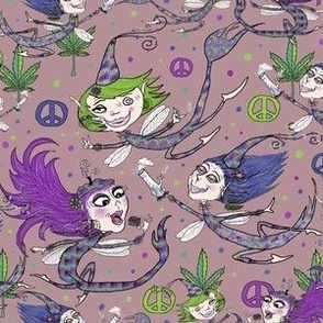 mary jane and the weed fairies, custom color, medium large scale, cannabis dusty mauve rose pink violet fuchsia purple blue lavender green quirky fantasy