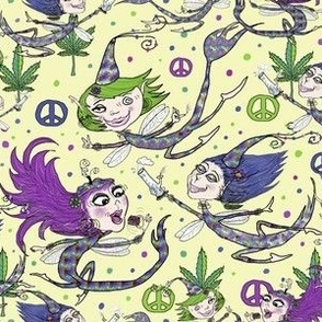 mary jane and the weed fairies, custom color, medium large scale, cannabis violet fuchsia purple blue lavender yellow green quirky fantasy