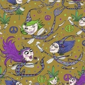 mary jane and the weed fairies, custom color, medium large scale, cannabis ochre violet fuchsia purple blue lavender olive green quirky fantasy
