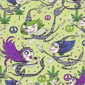 mary jane and the weed fairies, custom color, medium large scale, cannabis violet fuchsia purple blue lavender lime chartreuse green quirky fantasy