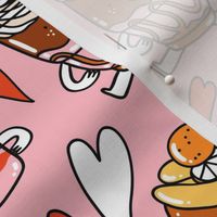 Cute cartoon dessert characters on pink