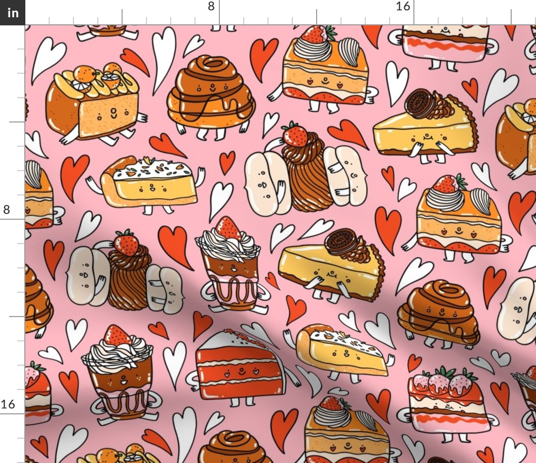 Cute cartoon dessert characters on pink