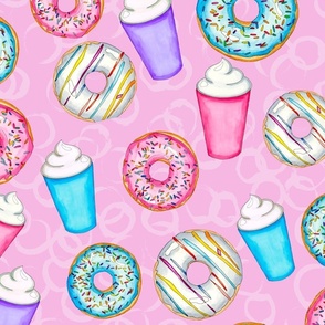 Watercolor Hand Painted Latte and Donuts Tossed on Pink Large Scale