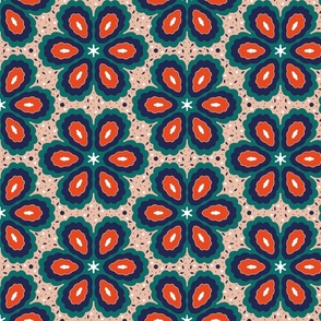 Boho Chic Flower Power, Red Navy Green Warm Beige White, 1960's 1970's Bohemian Leaf Dots Floral