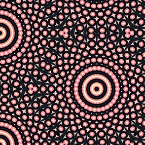Boho Spiral Sunburst Dots, Pink Lemon Black, Large Scale