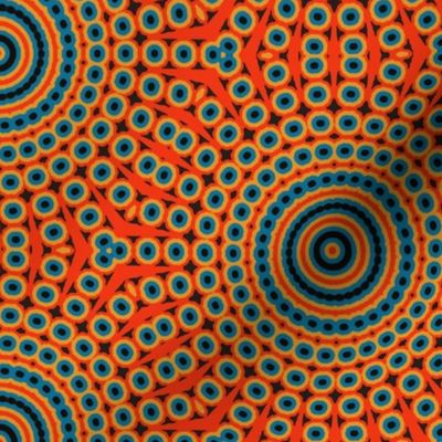 Boho Spiral Sunburst Dots, Orange Blue Black, Medium Scale