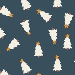 tossed christmas trees on navy blue