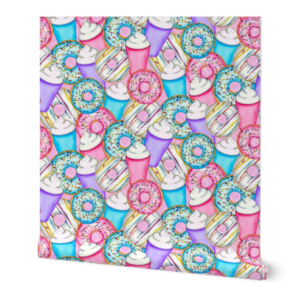 Hand Painted Latte and Donuts Clustered on a Large Scale on Pink