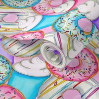 Hand Painted Latte and Donuts Clustered on a Large Scale on Pink