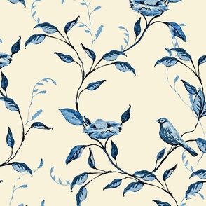 Ginger Jar Birds and Branches, Blue on Pale Yellow