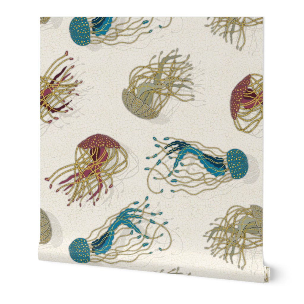 Swirling Jellyfish // Gold Glitter, Dark Pink, Greige, Aqua on a Crackled Beige Background