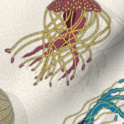 Swirling Jellyfish // Gold Glitter, Dark Pink, Greige, Aqua on a Crackled Beige Background