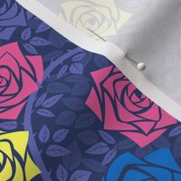 M Candy Rose Night Garden - Mystery Woodland - Colorful Roses on Purple and Dark Blue - Neon Pink Rose (Barbie Pink), Lemon Yellow Rose (Neon Yellow), Purple Rose, Mint Green Rose (Pastel Green), Cobalt Blue Rose (Bright Blue) - Mid Century Modern inspire