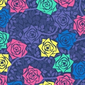 M Candy Rose Night Garden - Mystery Woodland - Colorful Roses on Purple and Dark Blue - Neon Pink Rose (Barbie Pink), Lemon Yellow Rose (Neon Yellow), Purple Rose, Mint Green Rose (Pastel Green), Cobalt Blue Rose (Bright Blue) - Mid Century Modern inspire