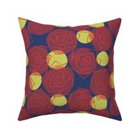 M Rose Shining in the Winter Night - Outline Floral - Bright Red Roses (Outline Rose) with Neon Yellow Dots (Polka Dots) on Indigo Blue (Dark Blue) - Line Art - Mid Century Modern inspired (MOD) - Modern Vintage - Minimal Flower - Geometric Florals