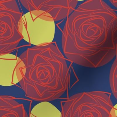 M Rose Shining in the Winter Night - Outline Floral - Bright Red Roses (Outline Rose) with Neon Yellow Dots (Polka Dots) on Indigo Blue (Dark Blue) - Line Art - Mid Century Modern inspired (MOD) - Modern Vintage - Minimal Flower - Geometric Florals