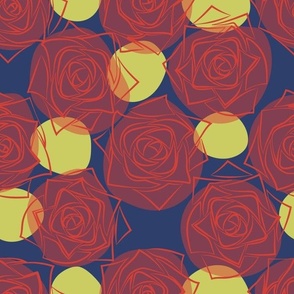 M Rose Shining in the Winter Night - Outline Floral - Bright Red Roses (Outline Rose) with Neon Yellow Dots (Polka Dots) on Indigo Blue (Dark Blue) - Line Art - Mid Century Modern inspired (MOD) - Modern Vintage - Minimal Flower - Geometric Florals