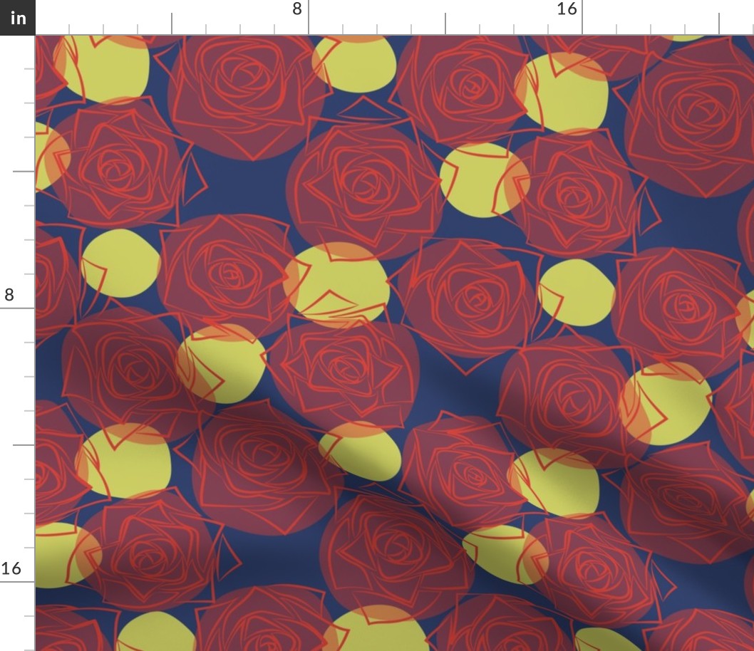 M Rose Shining in the Winter Night - Outline Floral - Bright Red Roses (Outline Rose) with Neon Yellow Dots (Polka Dots) on Indigo Blue (Dark Blue) - Line Art - Mid Century Modern inspired (MOD) - Modern Vintage - Minimal Flower - Geometric Florals