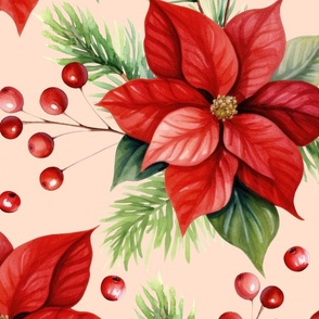 Big Size. Christmas holiday winter poinsettia flower watercolor Xmas