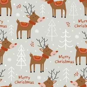  deer and Christmas trees a gray background