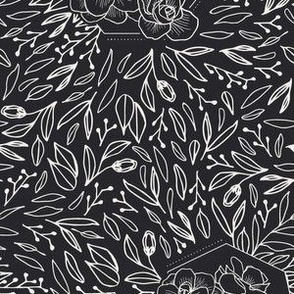 Floral Line Art Drawing | Small Scale | true black, creamy white | multidirectional black and white botanicals