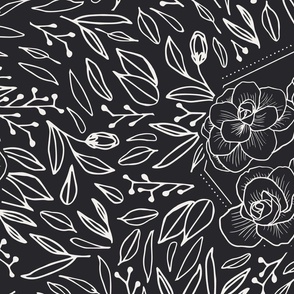 Floral Line Art Drawing | Jumbo Scale | true black, creamy white | multidirectional black and white botanicals