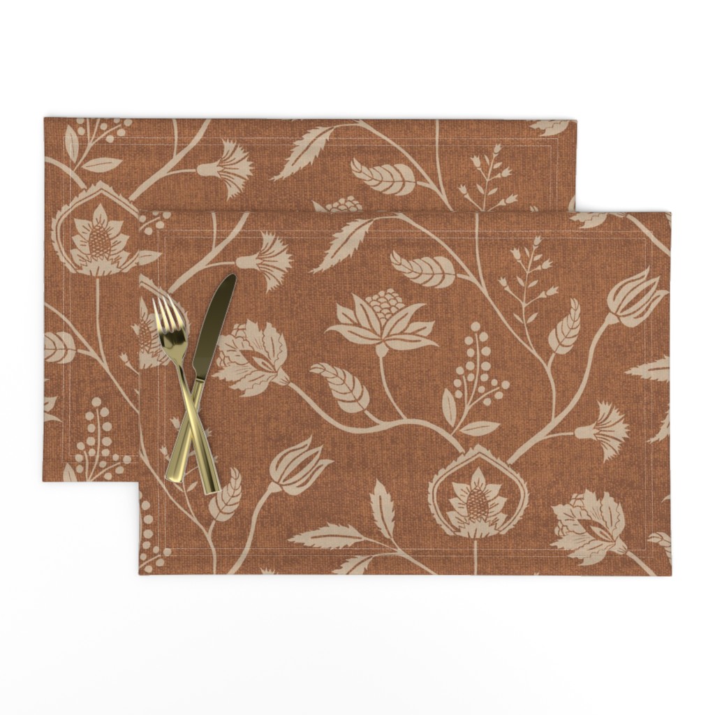 Block print chintz florals earth tone terracotta and cream textured - large scale