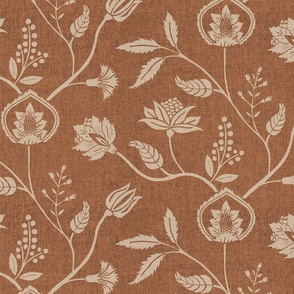 Block print chintz florals earth tone terracotta and cream textured - large scale