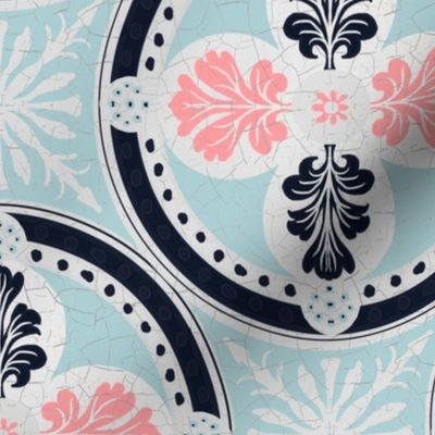 Arabesque half drop circles with leaves and radiating mandalas in egg shell blue, off white, nearly black and pink  with a crackled porcelain texture 12” repeat four directional