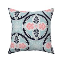 Arabesque half drop circles with leaves and radiating mandalas in egg shell blue, off white, nearly black and pink  with a crackled porcelain texture 12” repeat four directional