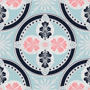 Arabesque half drop circles with leaves and radiating mandalas in egg shell blue, off white, nearly black and pink  with a crackled porcelain texture 12” repeat four directional