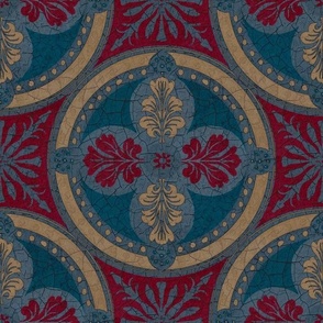Arabesque half drop dark academia circles with leaves and radiating mandalas in deep teal, rich red, beige and pale blue  with a crackled porcelain texture 12” repeat four directional