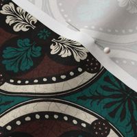 Arabesque half drop circles with leaves and radiating mandalas in night swim teal and molasses with  panna cotta  with a crackled porcelain texture 6” repeat four directional